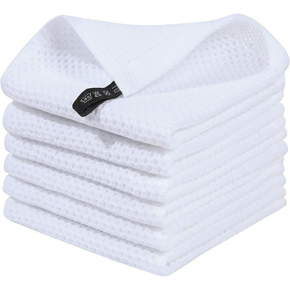 6-Pack 100% Cotton Waffle Weave Kitchen Dish Cloths, Ultra Soft & Absorbent, 12x12 Inches White