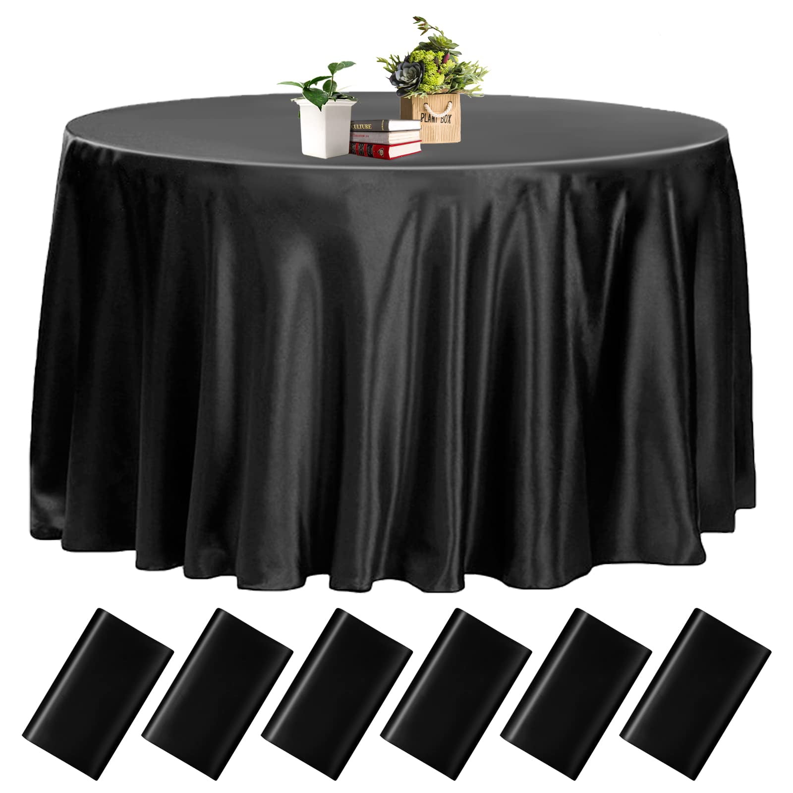 6 Pack 108 Inch Black Round Tablecloth Premium Silky Satin Tablecloth Overlay Smooth Fabric