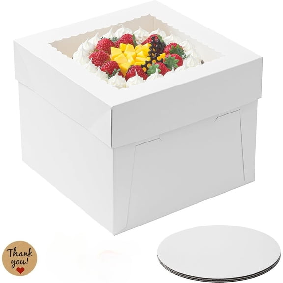 6 Pack 10x10x8 Inch Tall Cake Boxes with Cake Boards, White Bakery Boxes with Window, Disposable Cake Containers with Lids for Wedding, Birthday and Party