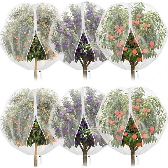 6 Pack 10x12ft Extra Large Fruit Tree Netting Bags with Drawstring & Zipper, Heavy Duty Garden Plant Covers for Bird Insect Barrier, Breathable Mesh for Peach Apple Citrus Blueberry Bushes