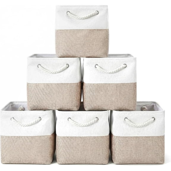 6 Pack 11.5 Inch Cube Storage Bins  Foldable Fabric Storage Cubes with Rope Handles, Sturdy Linen Baskets for Closet Organization, Shelves, Clothes, and Towels (White & Beige)