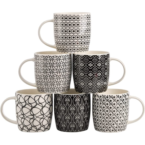 6 Pack 11.5 Oz Coffee Mugs Geometric Textured, Ceramic Coffee Mugs Stylish Tea Cup Mugs Set Gift for Latte, Cappuccino, Milk, Water, Cocoa, Cereal, Black and White
