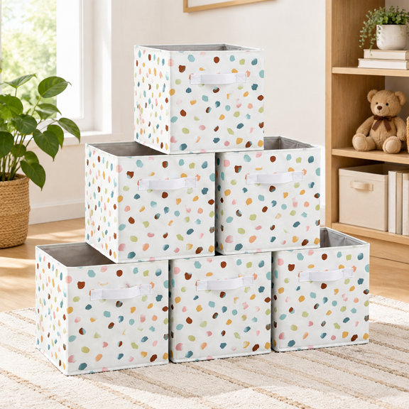6 Pack 11 Inch Foldable Polka Dot Fabric Storage Cube Baskets with Handles