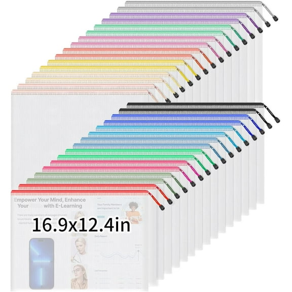 6 Pack 12 Colors Mix Zipper Pouches for Organizing, A3 Size (16.9 x 12.4), Big mesh Bags,Zipper Bags for Puzzles & Board Game Storage, Office Supplies Travel Toiletries