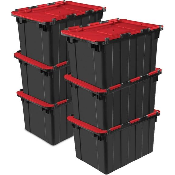 6-Pack 12 Gallon Hinged Lid Industrial Tote, Heavy-Duty Plastic Organizer - Stackable Multipurpose Home Storage Bins with Contoured Handles for Garage, Basement or Attic Organization