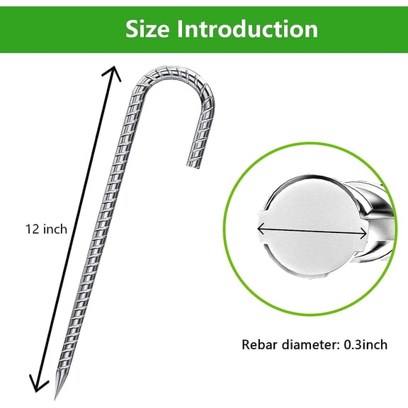 6 Pack 12" Galvanized J-Hook Rebar Stakes – Strong Ground Anchors for Tents, Plants, Artificial Turf, Landscape Fabric, Anti-Rust Heavy-Duty Yard Stakes