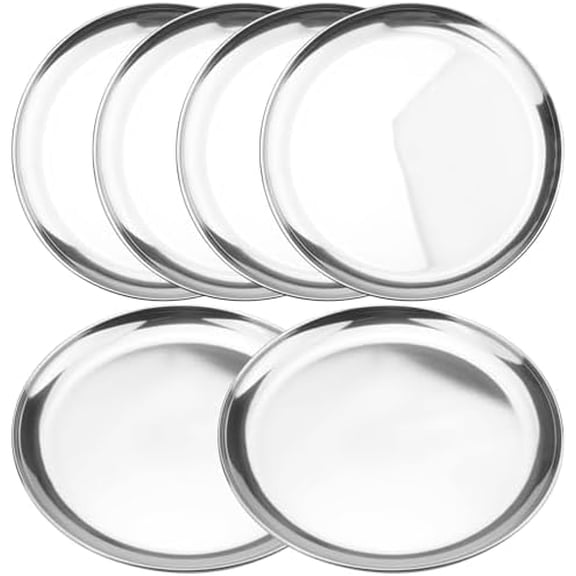 6 Pack 12 Inch 201 Stainless Steel Plate, Round Metal Dinner Plates, Steel Dinner Dishes Plates, Ideal for BBQ, Camping, Snacks, Kitchen and Outdoor Activities, Dishwasher Safe