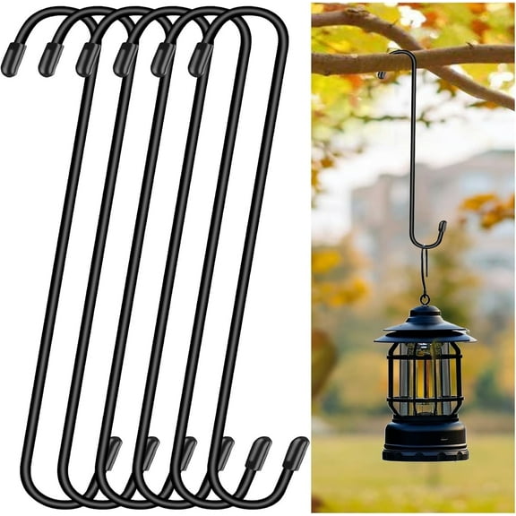 6-Pack 12-Inch Extension S Hooks Matel Heavy Duty Hooks for Plants, Bird Feeders, Lanterns, Powder Coated Black, Black