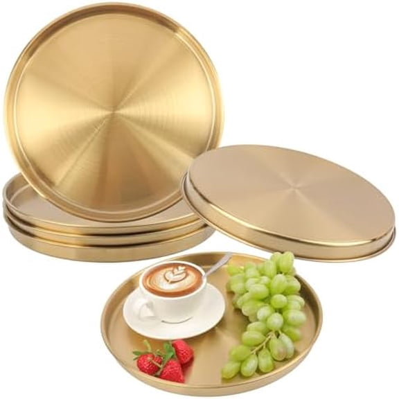 6 Pack 12 Inch Gold Round Metal Serving Tray, Stainless Steel Decorative Circle Golden Table Trays with Brushed Brass Finish, Multi-Functional for Home, Kitchen, and Vanity