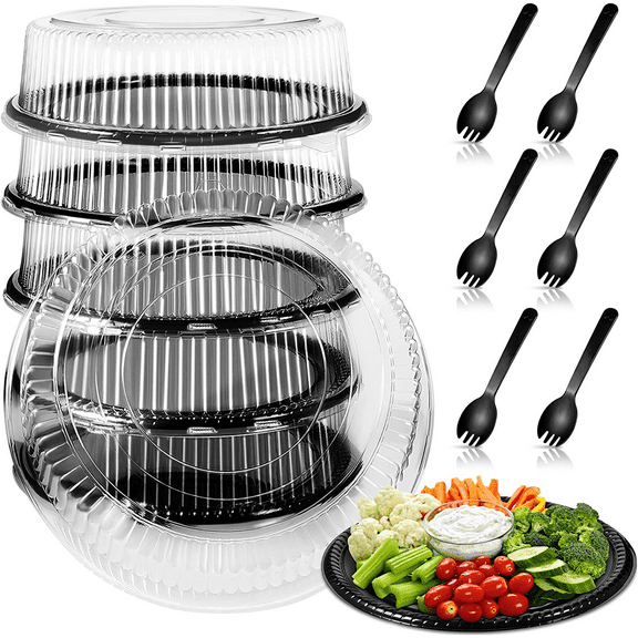 6 Pack 12 Inch Heavy Duty Serving Tray with Clear Lid and Sporks, Large Plastic