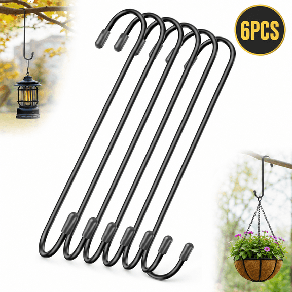 6 Pack 12 Inch Large S Hooks for Hanging Plants,Black Extra Matel Heavy Duty Hook for Hang Brsket,Bird House,Clothes,Kitchenware