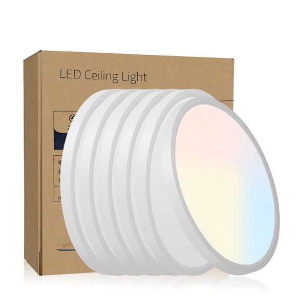 6-Pack 12" LED Flush Mount Ceiling Light, 2880 Lumens, 5 CCT Color Selectable (2700K-6500K), Dimmable Round Panel Light for Bathroom & Shower, White