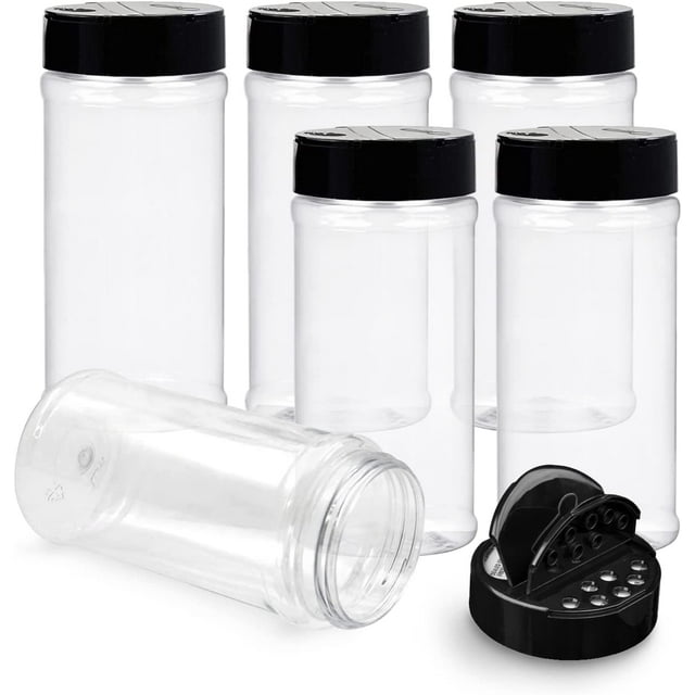 6 Pack 12 Oz Plastic Spice Jars with Black Cap, Clear and Safe Plastic ...