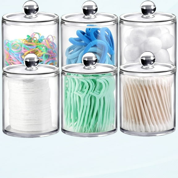 6 Pack of 12 Oz. Qtip Dispenser Bathroom Apothecary Jars with Labels - Clear Plastic Acrylic Jar Holder Storage Canister for Cotton Balls, Cotton Swabs, Cotton Rounds Hair Clips (Clear)