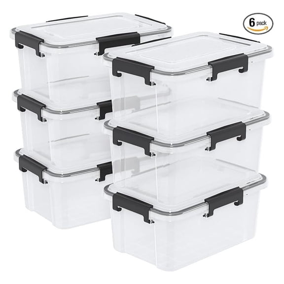 6-Pack 12 Qt Plastic Storage Box with Gasket Seal Lid, Durable Moving Containers with Tight , Weather Proof Tote Bin, Clear/Black