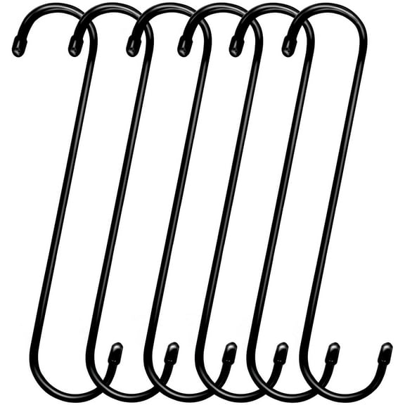 6 Pack 12 inch Extra Large S Hooks Black Heavy Duty Long S Hooks for Hanging Plant Extension Hooks for Kitchenware,Utensils,Pergola,Closet,Flower Basket,Garden,Patio,Indoor Outdoor Uses