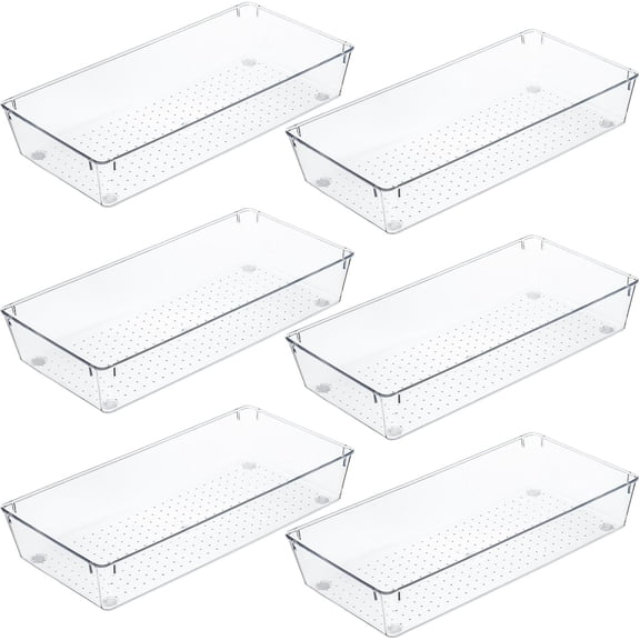 6 Pack 12 x 6 x 2 Inch Clear Drawer Organizer Trays, Desk Drawer Divider Storage Bins, Storage Box Set for Utensils Junks Vanities Makeups Jewelry Office Craft Supplies