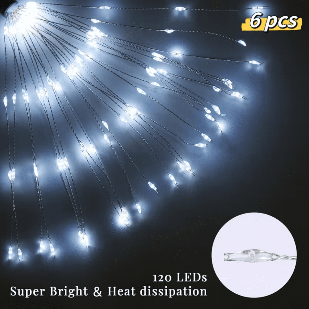 6 Pack 120 LED 8-Mode Solar Fireworks Light, Outdoor Garden Waterproof Fireworks Light, Used for Pedestrian Walkway Backyard Lawn Landscape, Vibrant Tree Decorative Stick String Lights, White