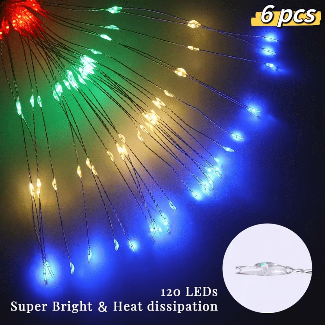 6 Pack 120 Led 8-Mode Solar Powered Fireworks Light With String Lights, Outdoor Garden Waterproof Fireworks Light, Used For Pedestrian Walkways, Backyard Lawn Landscapes, Multicolor