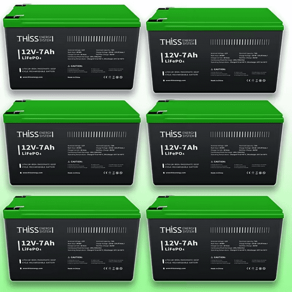 6 Pack 12V 7Ah Lithium Iron LiFePO4 Battery Built-in BMS, Rechargeable Lithium Iron Phosphate Battery, Maintenance Home and Solar Energy Storage, Backup Power,Camping