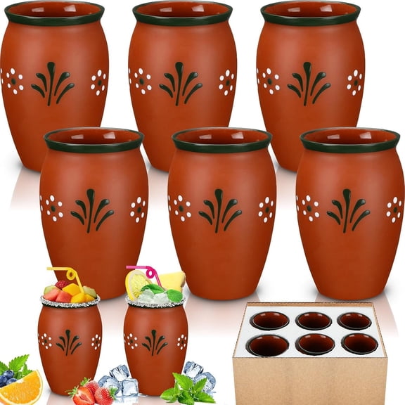 6 Pack 12oz Cantaritos de Barro Mexicanos Mexican Clay Cup Pottery Fiesta De Barro Mexicanos Coffee Mugs Glasses for Margaritas Mojitos (Cute,Red)