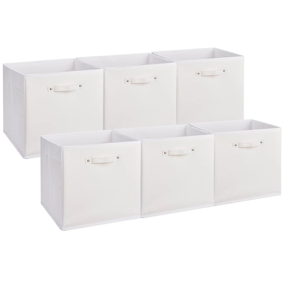 6-Pack 13 Inch Fabric Storage Bins with Faux Leather Handles, Foldable Cube Organizer Baskets for Shelves and Closet, Collapsible Storage Boxes for Clothes Toys,White