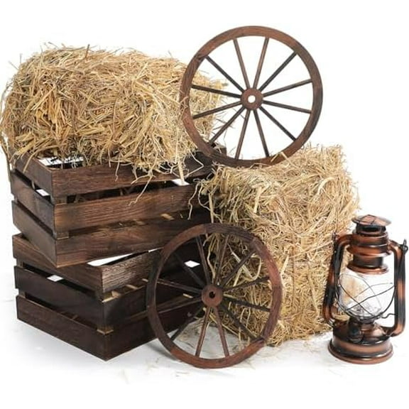 6 Pack 13 x 9 x 6 Inch Straw Hay Bale Stack Decoration Set Rustic Wooden Wagon Wheel Natural Hay Bales Boxes Western Cowboy Birthday Decor Photo Booth Props(Brown,Rustic)