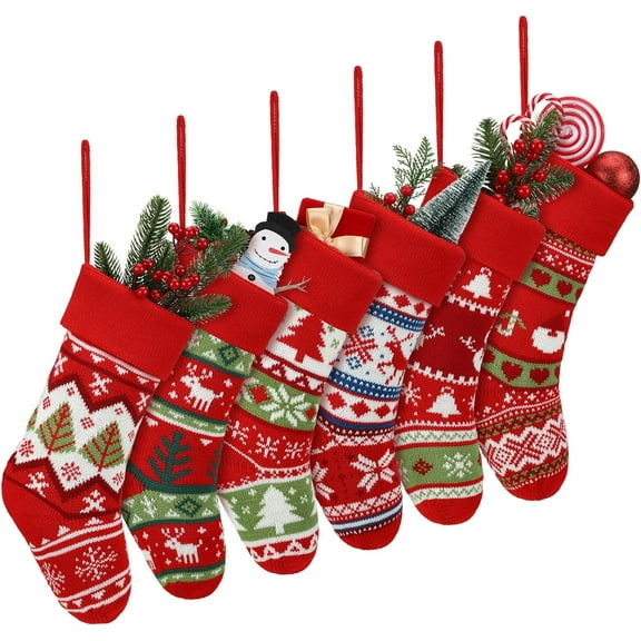 6 Pack 14 Inch Christmas Stockings Bulk Knit Large Rustic Holiday Tree Reindeer Snowflake Snowman Family Stockings Hanging Ornaments for Candy Gift Decor