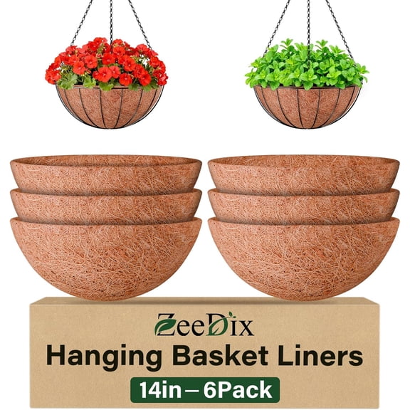 6 Pack 14 Inch Coconut Liners for Planters, Round Hanging Basket Liners Natural Coco Coir Replacement Liner for Flowers Vegetables Patio Porch Garden Decor