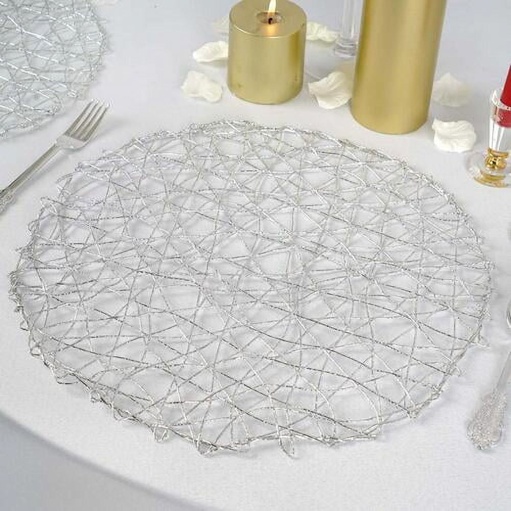 6 Pack | 15 Silver Metallic Non-Slip Placemats, Wheat Design Round Vinyl Table Mats | by Tableclothsfactory