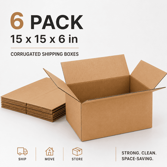 6 Pack 15 x 15 x 6 Inch Corrugated Shipping Boxes, Brown Cardboard Mailing Boxes for Packing, Moving, Storage, Small Business and Home Use