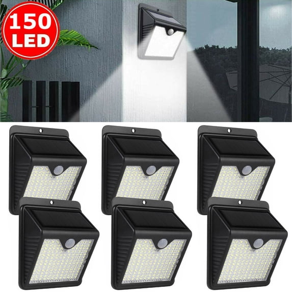 6 Pack 150 LED 1000lm Outdoor LED Solar Lights, Waterproof Wireless Outdoor Wall Lights, Black