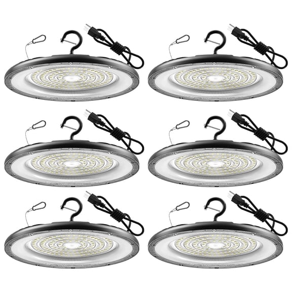 6 Pack 150W UFO LED High Bay Light 30000LM 6000K IP65 US Plug Commercial Light for Warehouse Workshop Garage Ceiling Mount