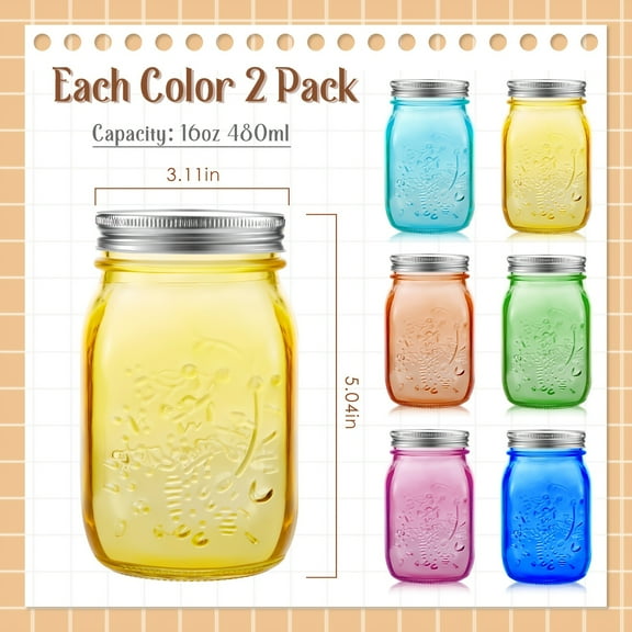 6-Pack 16 Oz Colored Mason Jars (6 Colors) - Regular Mouth Glass Canning Jars with Lids, for DIY Crafts, Storage, Canning, Pickling, Preserving & Fermenting (Dishwasher Not Allowed)