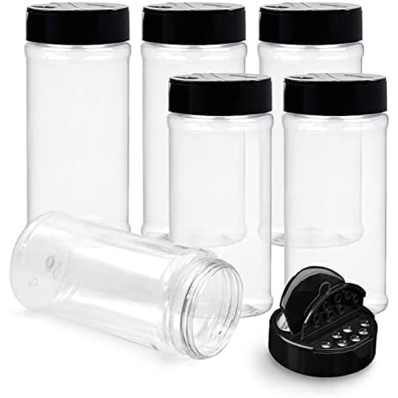 6 Pack 16 Oz Plastic Spice Jars with Black Cap, Clear and Safe Plastic Bottle Containers with Shaker Lids for Storing Spice, Herbs and Seasoning Powders, BPA Free, Made in USA
