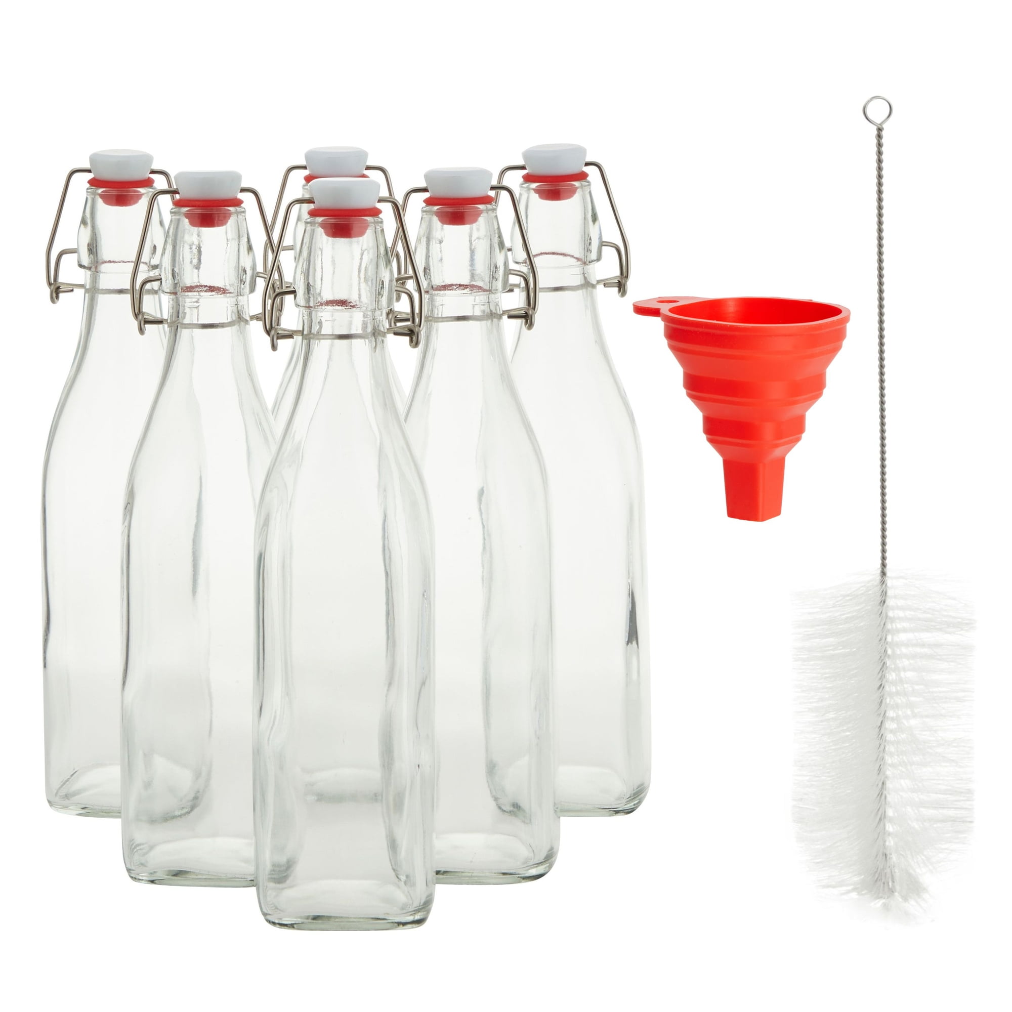 6 Pack 16 oz Glass Bottles with Swing Top Lids and Square Base