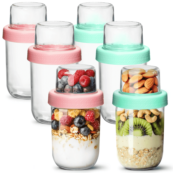 6-Pack 16 oz Overnight Oats Containers with Lids, Dual-Layer Chia Pudding Jars with Dry and Wet Separation, Yogurt Parfait Cups for Oatmeal Cereal Nut Fruit, Meal Prep Jars for Salad