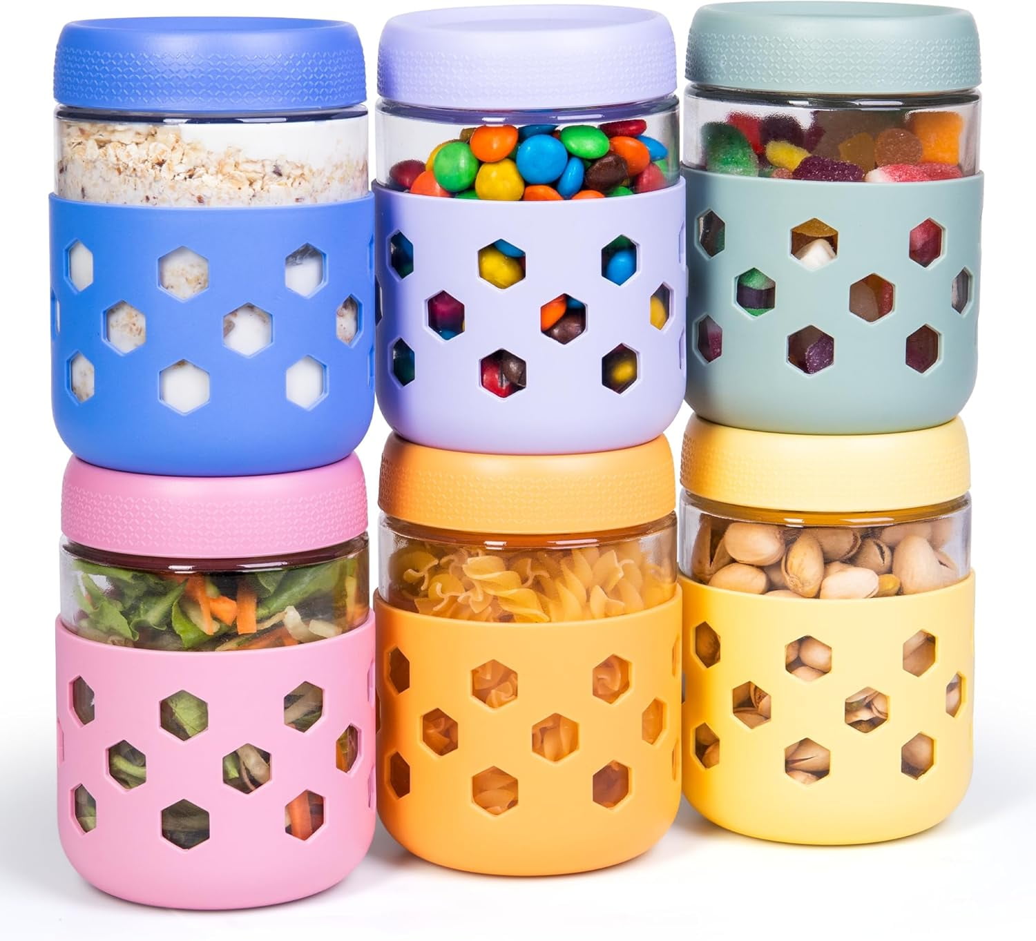 6-Pack 16 oz Overnight Oats Containers with Lids and Silicone Sleeves ...