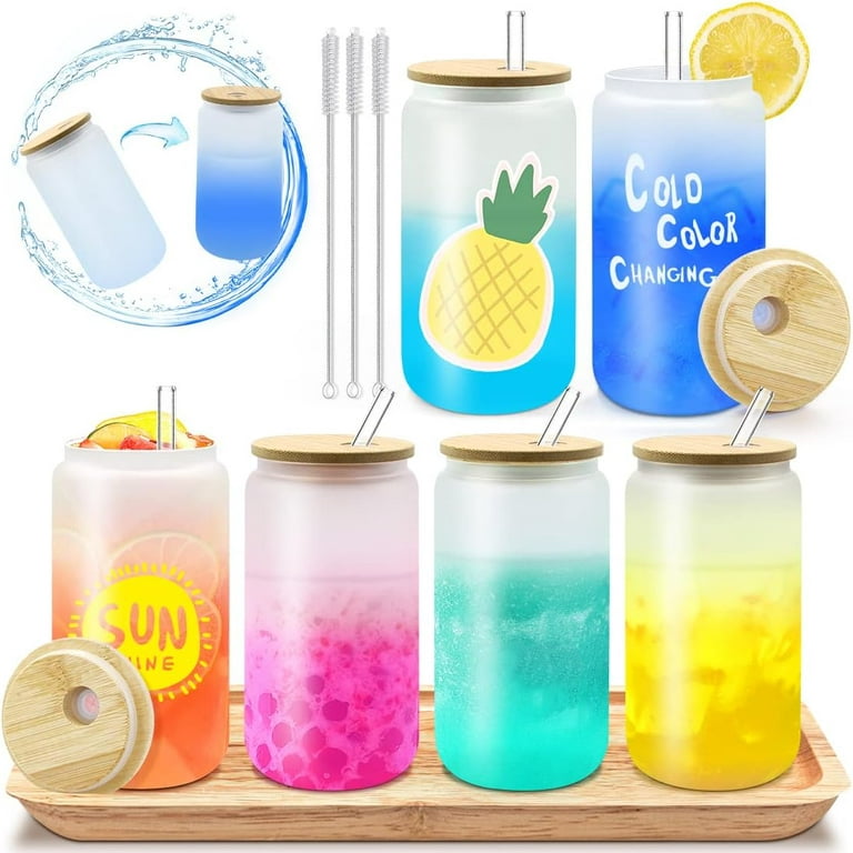 Frosted Drinking Glasses With Bamboo Lids And Straws, Can Shaped
