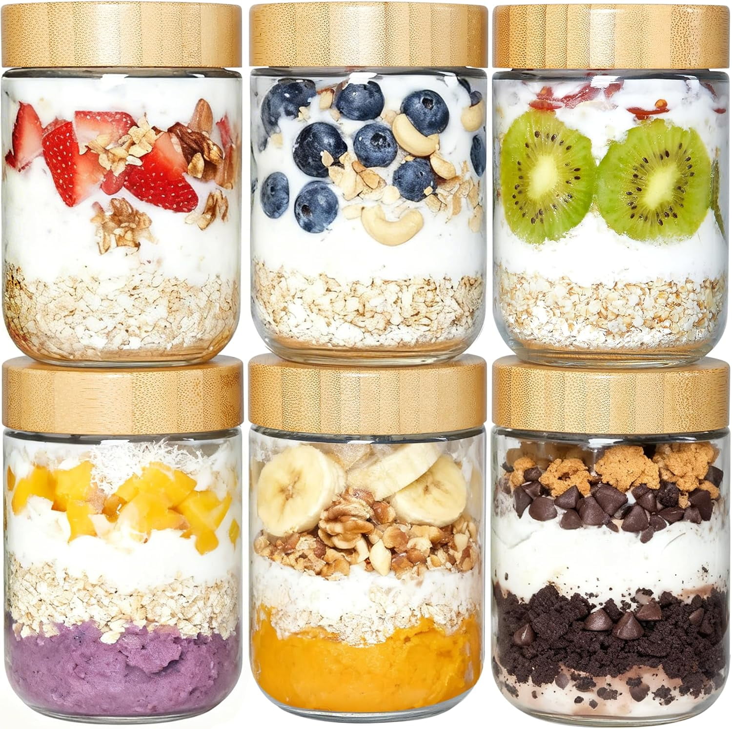 6 Pack 16oz Glass Overnight Oats Containers with Bamboo Lids, Portable ...