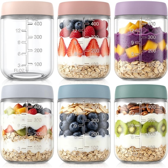 6-Pack 16oz Overnight Oats Containers with , Wide Mouth Glass Mason Jars with Airtight ,  Glass  Storage Containers for Yogurt,  Pudding, Salad, and Pickles