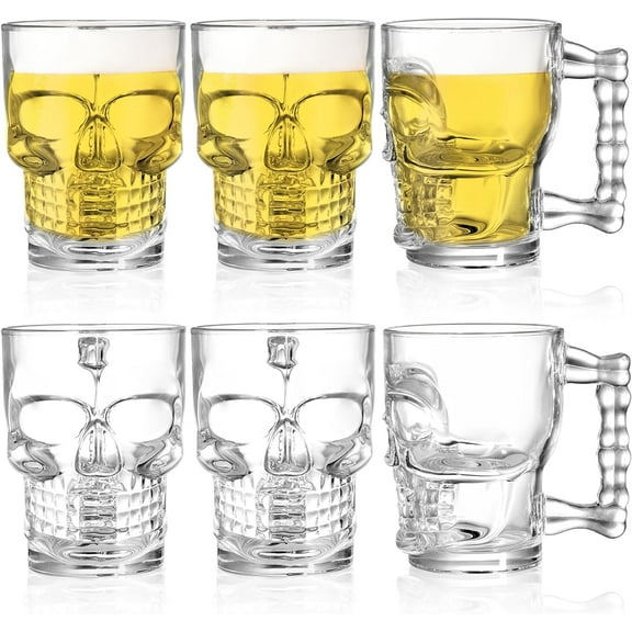 6 Pack 17 Oz Skull Glass Beer Mug with Handle, Father's Day Gift Heavy Base Drinking Tiki Glasses, Clear Funny Beer Stein Cup for Whiskey, Wine, Juice, Bar, Halloween Decorations Gifts