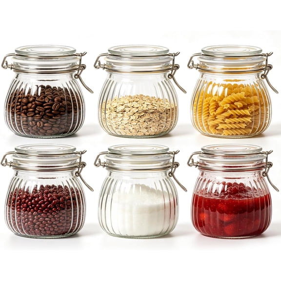 6-Pack 17oz Ribbed Glass Storage Jars with Airtight Clamp Lids, Decorative Wide Mouth Pint Canisters for Jam, Spices, Nuts, Coffee Beans, Snacks, Honey - Kitchen Pantry and Drawer Organization