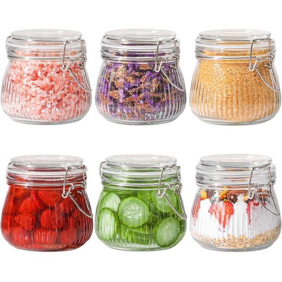 6-Pack 17oz Ribbed Glass Storage Jars with Airtight Clamp Lids, Decorative Wide Mouth Pint Canisters for Jam, Spices, Nuts, Snacks - Ideal for Kitchen Pantry and Drawer Organization