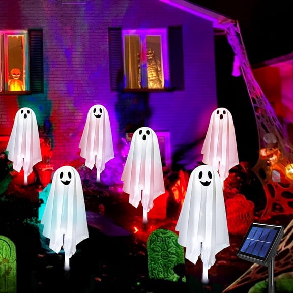 Halloween Ghost Pathway Lights with Stakes, 6PCS Solar Light Ghost Decorations, Waterproof Outdoor Lights for Yard, Lawn, Driveway, Halloween Decor