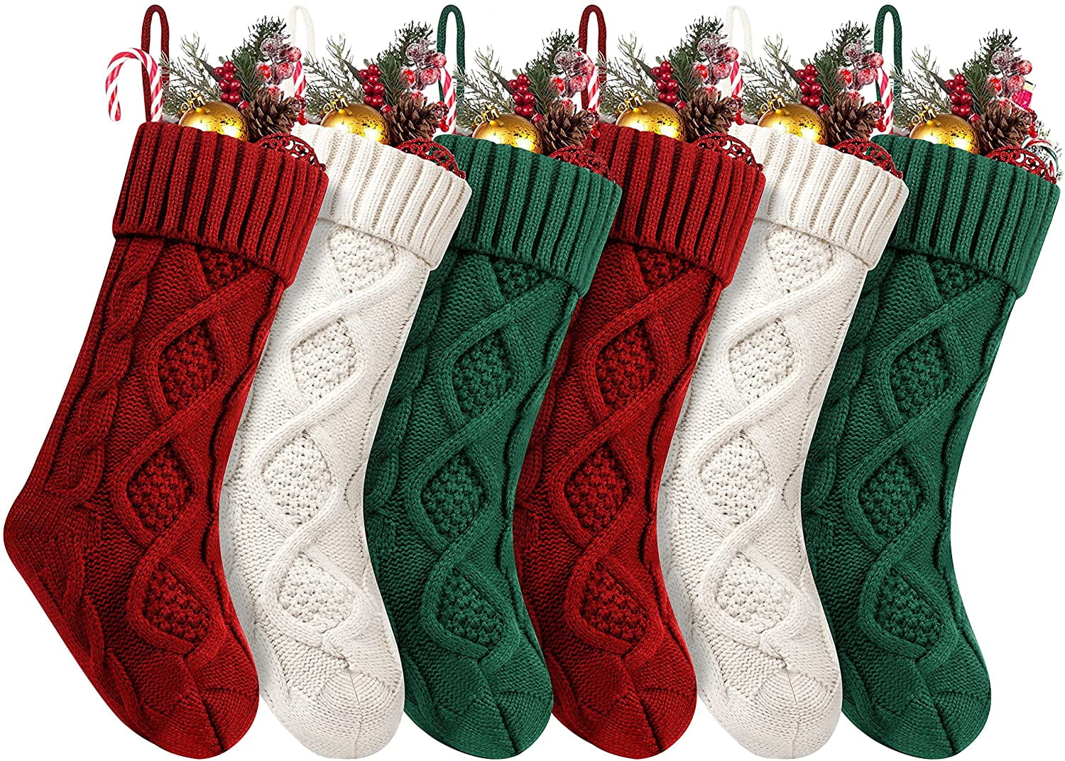 18-Inch Burgundy, Ivory, Green Cable Knit Christmas Stockings, Set of 6