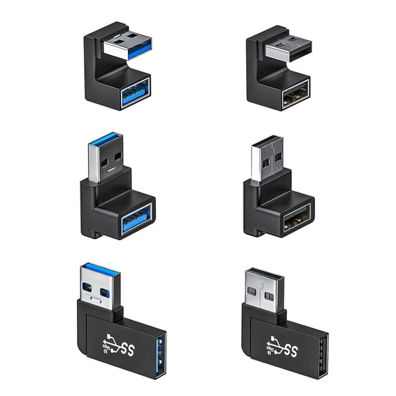 6 Pack 180 Degree & 90 USB 3.1 Adapter, Left and Right Angle A Male to Female Extender Connector for PC, Laptop, Car Charger, Surface Pro 7+, Raspberry Pi More