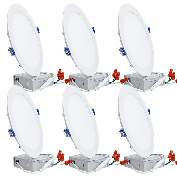 6 Pack 18W 8 Inch Ultra-Thin Recessed Ceiling Light with J-Box, 4000K Cool White, 120W Eqv. Dimmable IC-rated Downlight