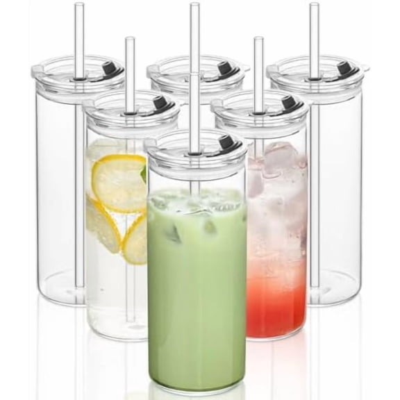 6-Pack 18oz Large Round Glass Cups with Lids & Straws – Clear Tumblers for Iced Coffee, Juice, Smoothies – Reusable, Leakproof Beverage Set