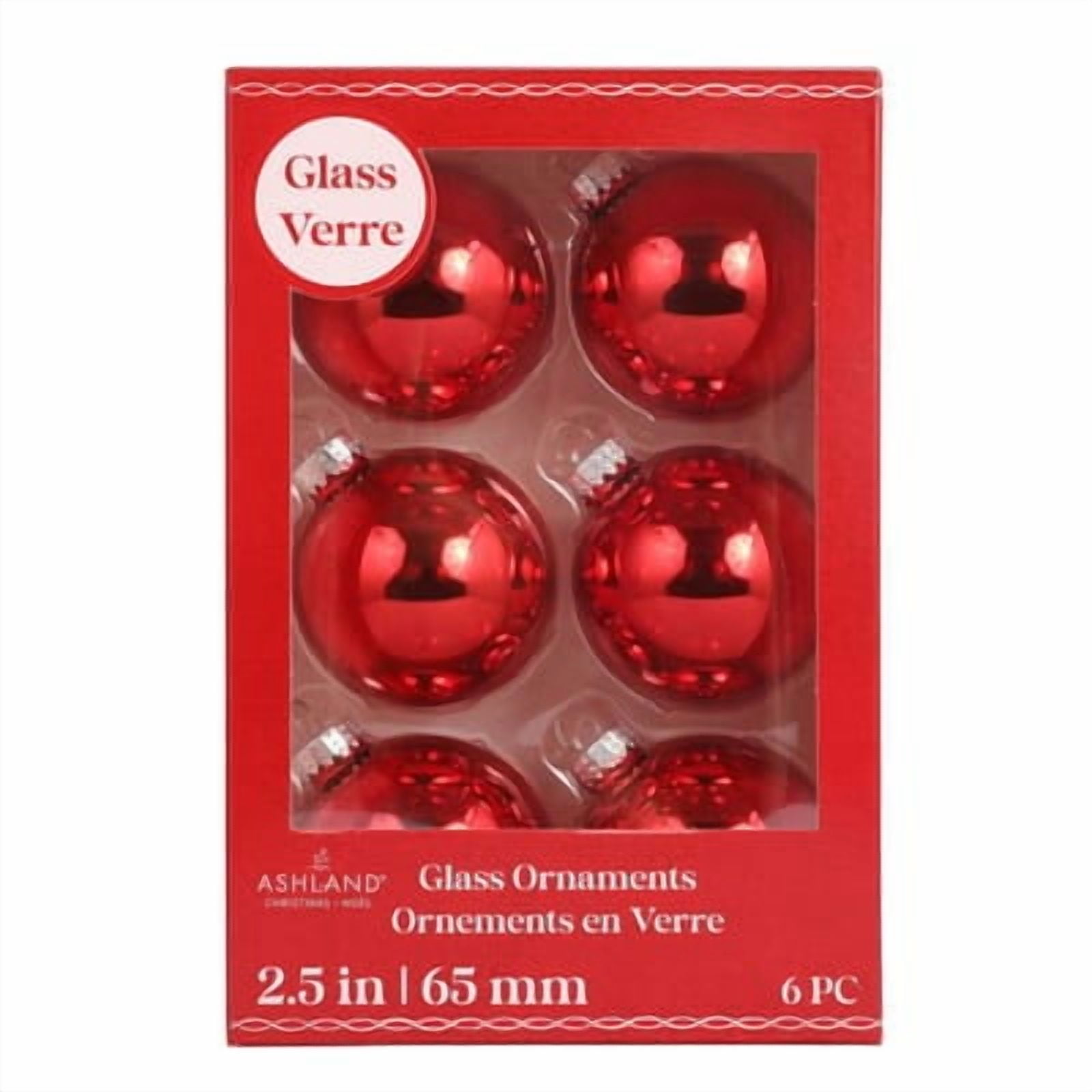 6 Pack 2.5" Red Shiny Glass Ball Ornaments by Ashland - Holiday and Christmas Ornaments